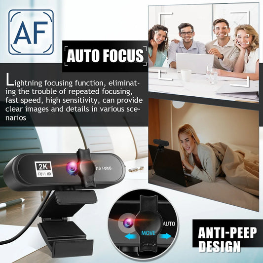 Premium 4K auto-focus webcam with dual stereo microphones for clear video and audio quality