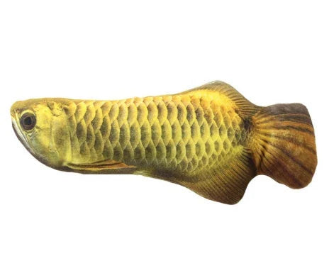 Soft, durable and realistic cat plush toy in the shape of a fish pillow, available in various sizes and designs.
