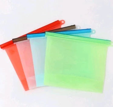 Premium silicone food storage bags in various colours, featuring airtight seals and reusable designs