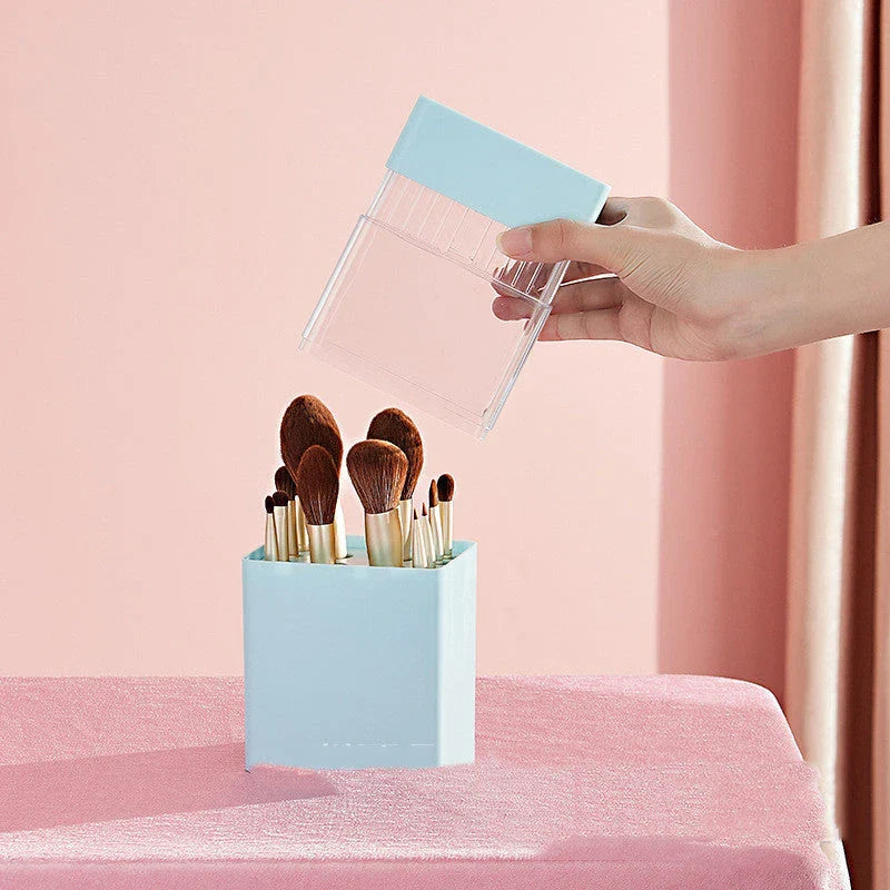 Premium makeup brush organiser with dual-purpose design for drying and storage, holding up to 12 brushes in a sleek and organised manner.