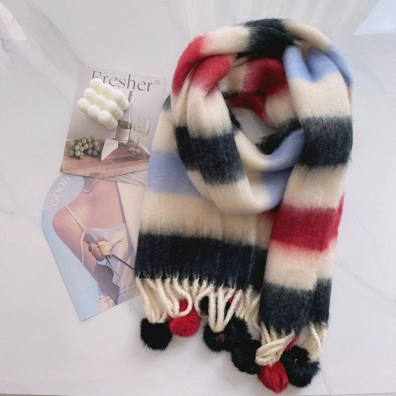 Vibrant rainbow mohair tassel scarf for warmth and style