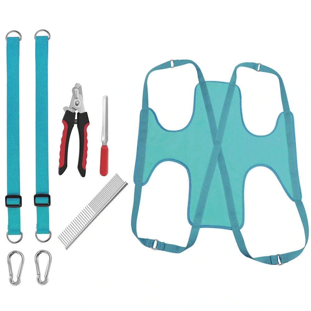 Pet grooming hammock for cats and dogs with nail clippers set, available in blue, blue + rose red, and grey