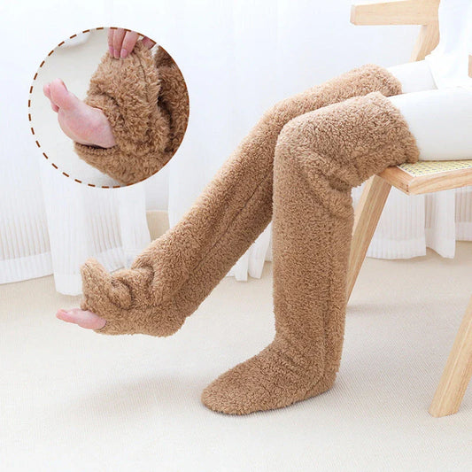 Cozy over-the-knee fuzzy socks in various colors, including brown, blue, dark gray, and pink purple