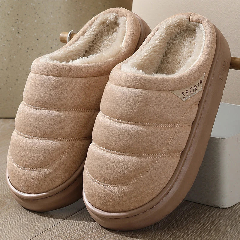 Cozy plush slippers with suede uppers, plush lining, and durable EVA soles for ultimate indoor comfort and warmth