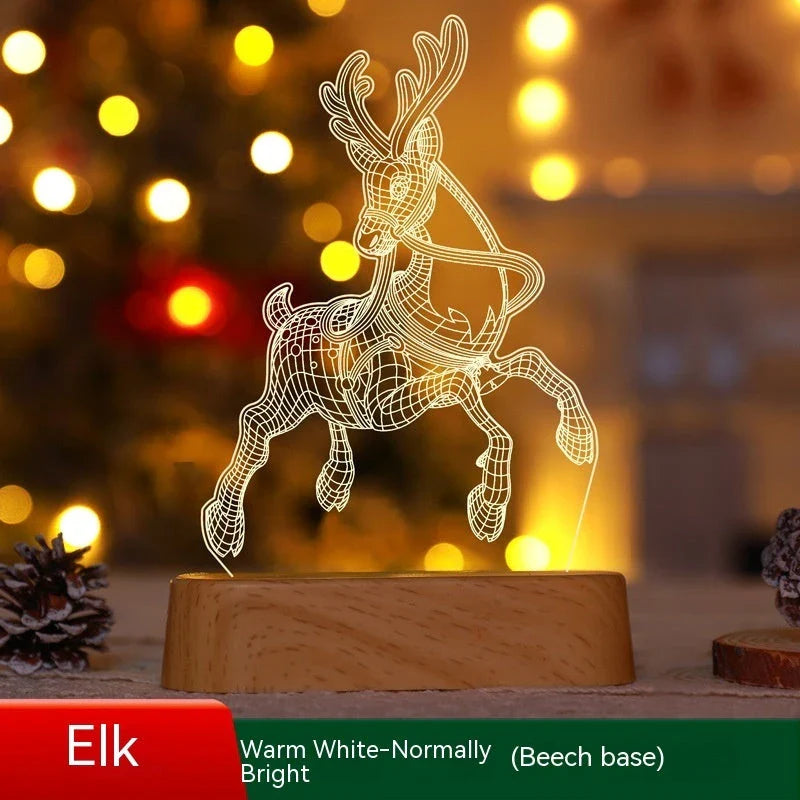 3D acrylic Christmas lights with various holiday-themed designs, including Christmas trees, elks, and Christmas dwarfs, providing warm, ambient lighting.