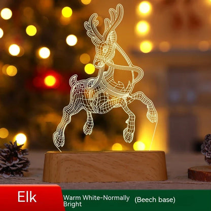 3D acrylic Christmas lights with various holiday-themed designs, including Christmas trees, elks, and Christmas dwarfs, providing warm, ambient lighting.