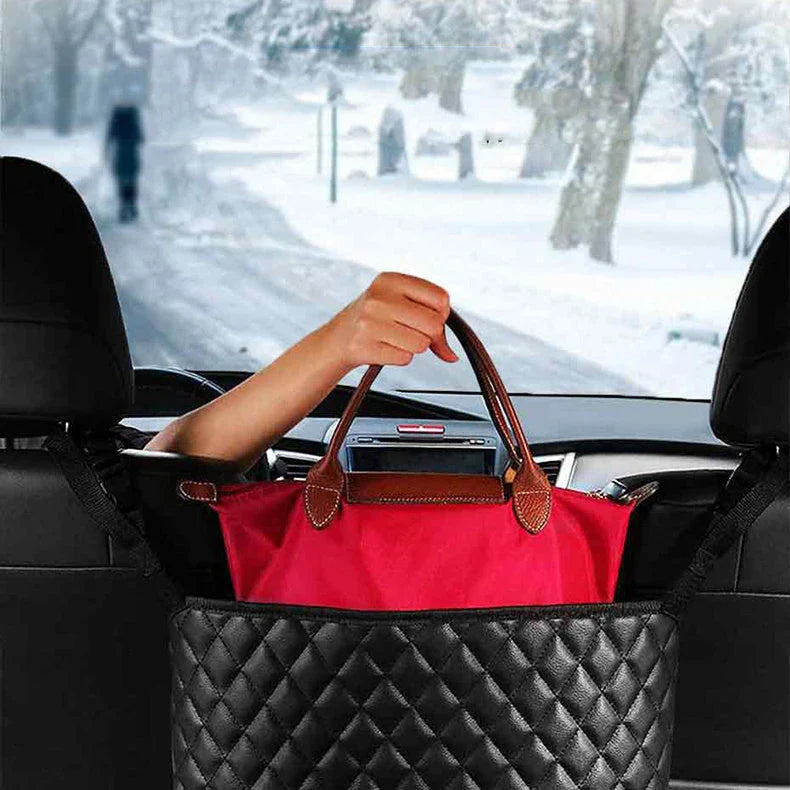 Premium Car Storage Organiser with Handbag Holder - Durable PU construction, versatile storage compartments, and convenient handbag holder for a tidy, organised car interior