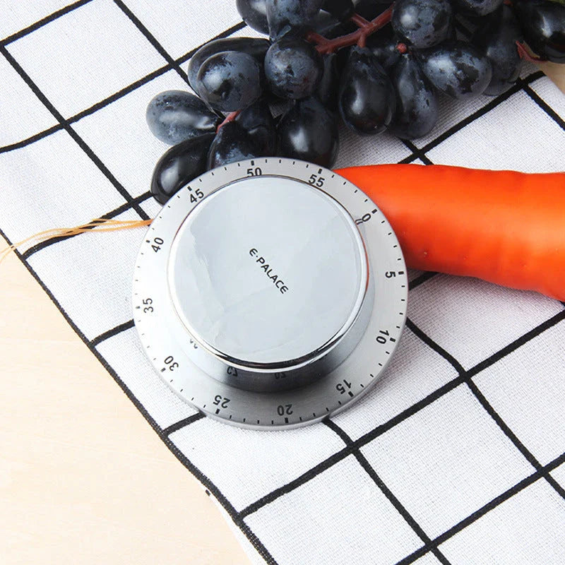 Robust stainless steel mechanical kitchen timer with strong magnetic back for easy placement on any metal surface