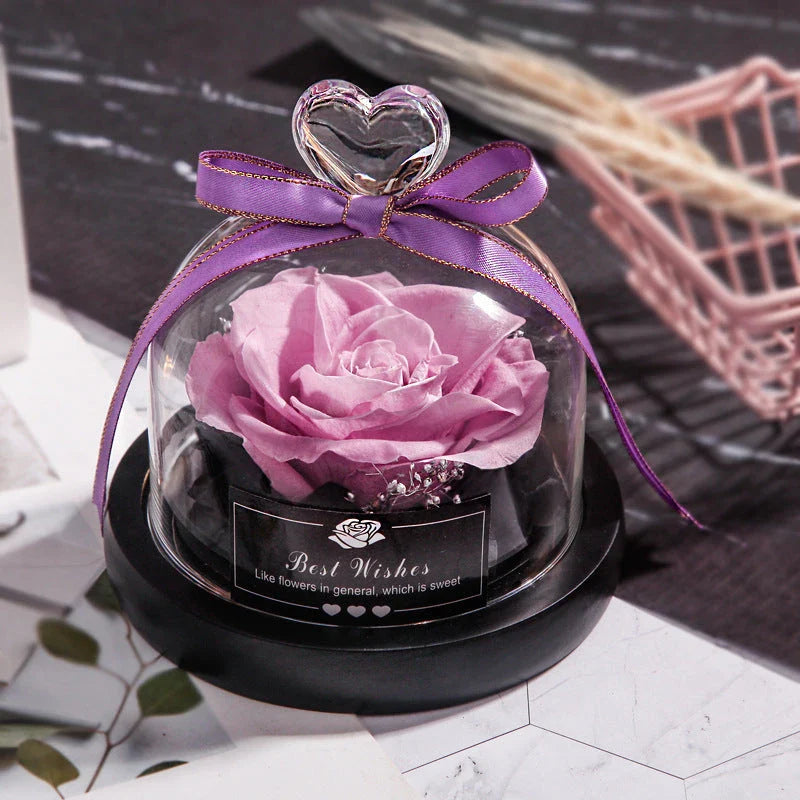 Enchanting Eternal Rose with LED lighting in a glass display, showcasing its timeless beauty and elegant design
