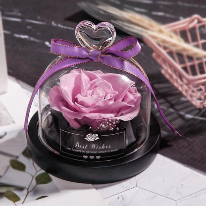 Enchanting Eternal Rose with LED lighting in a glass display, showcasing its timeless beauty and elegant design