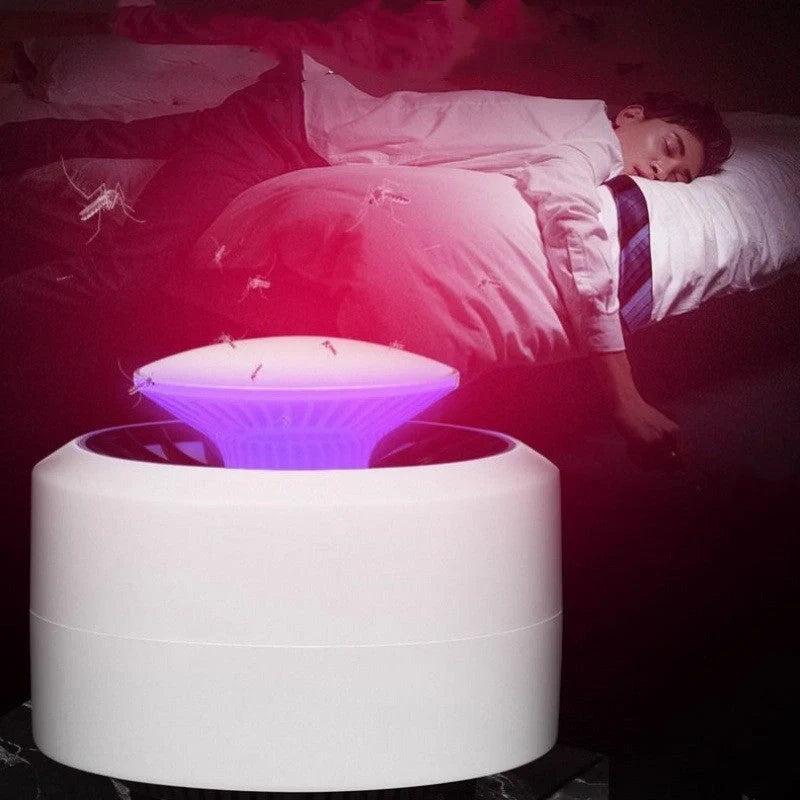 USB Electronic LED Mosquito Repellent Lamp in black and white, featuring escape-proof cage and removable tray