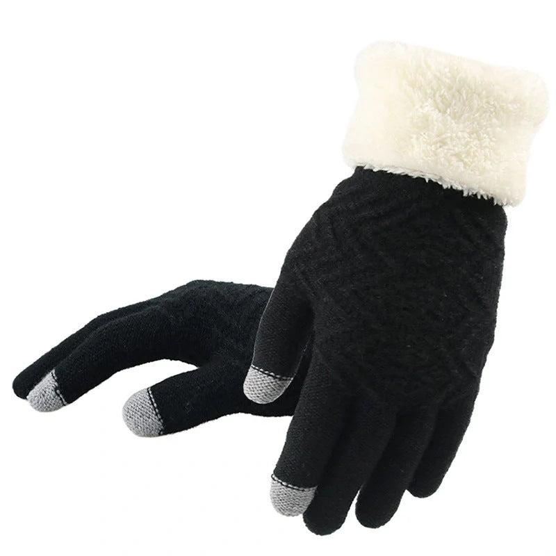 Women's winter knitted gloves in purple, pink, grey, and black