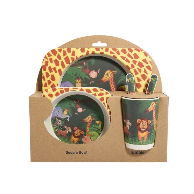 Five-piece bamboo fibre children's tableware set with plates, bowls, cups, spoons, and forks in various animal-themed designs