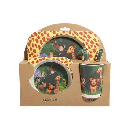 Five-piece bamboo fibre children's tableware set with plates, bowls, cups, spoons, and forks in various animal-themed designs