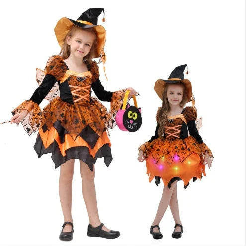 A children's Halloween costume in the form of a princess dress, featuring a stylish and fashionable design made with soft, gentle materials.