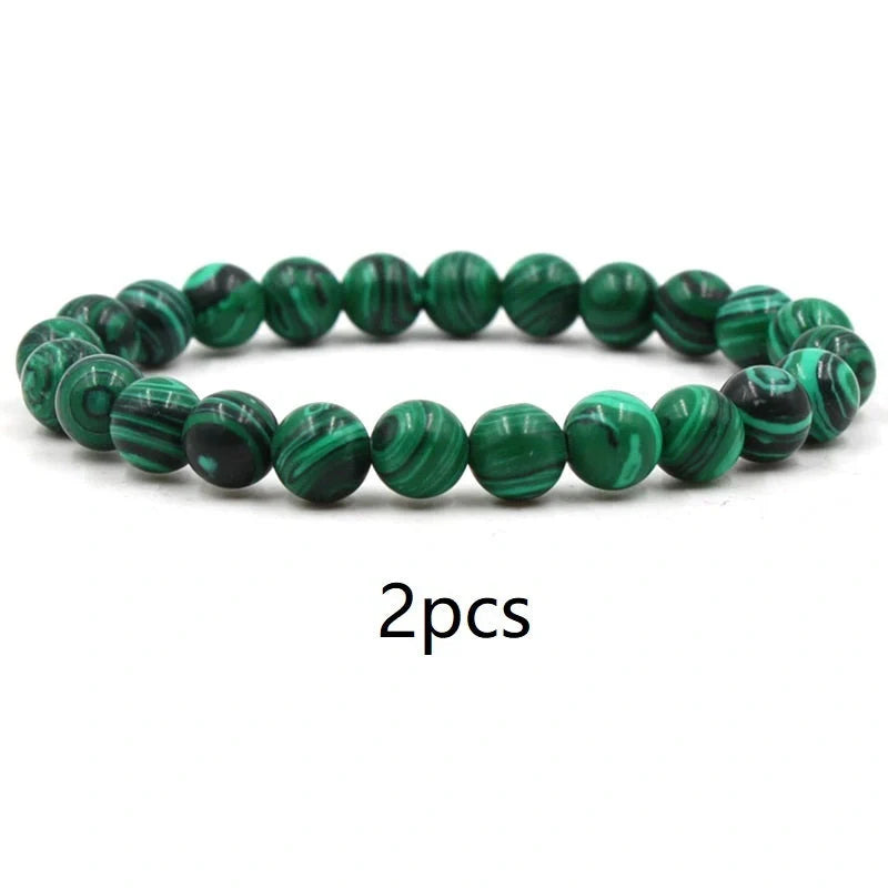 Classic black matte green malachite bracelets with elastic strand for unisex wear