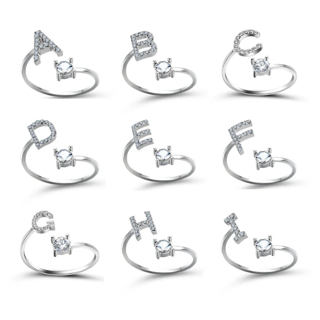 Customizable adjustable ring with 26 letters for women, featuring zircon stones and copper alloy construction