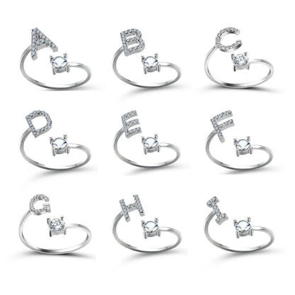 Customizable adjustable ring with 26 letters for women, featuring zircon stones and copper alloy construction