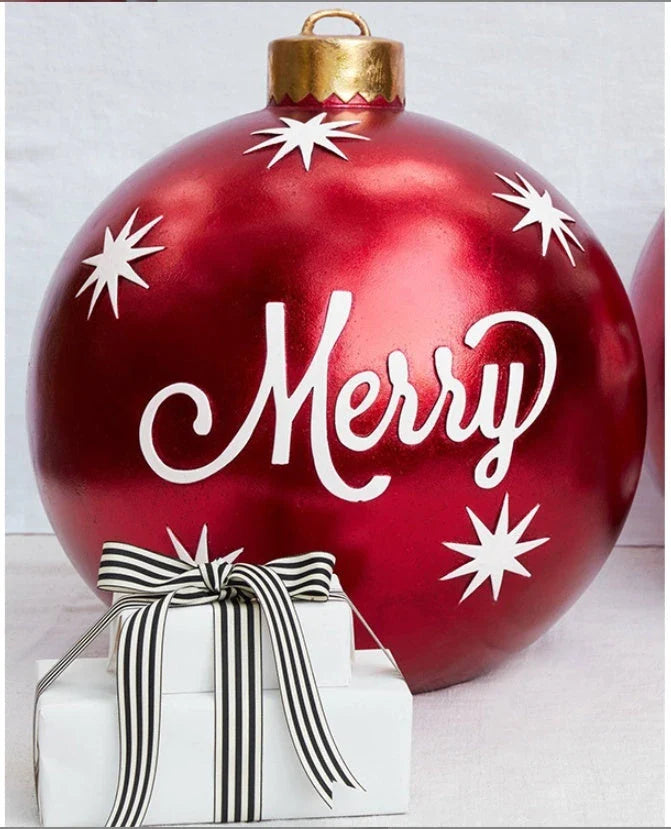 Inflatable Christmas baubles in various festive designs for outdoor holiday decoration