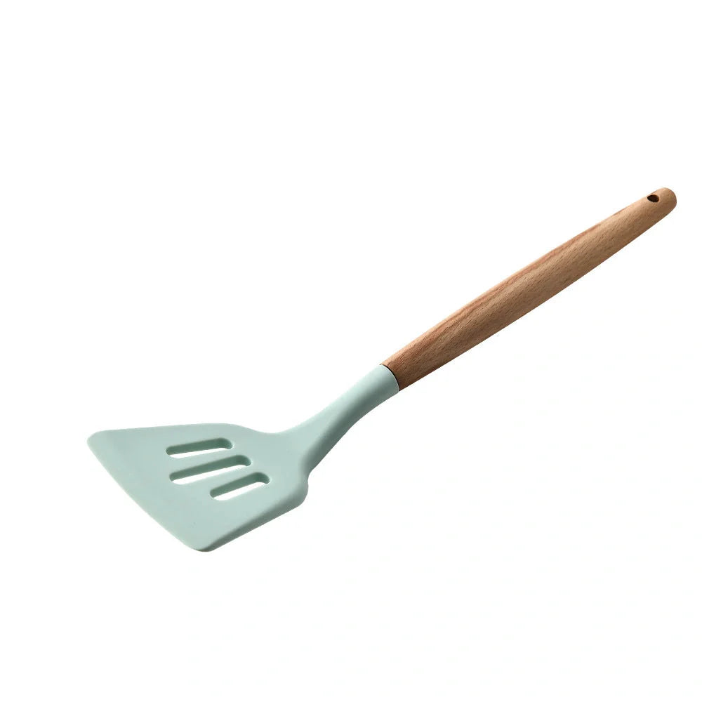 Silicone kitchenware set with wooden handles in various colors and styles, perfect for cooking, baking, and serving