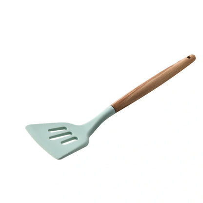 Silicone kitchenware set with wooden handles in various colors and styles, perfect for cooking, baking, and serving