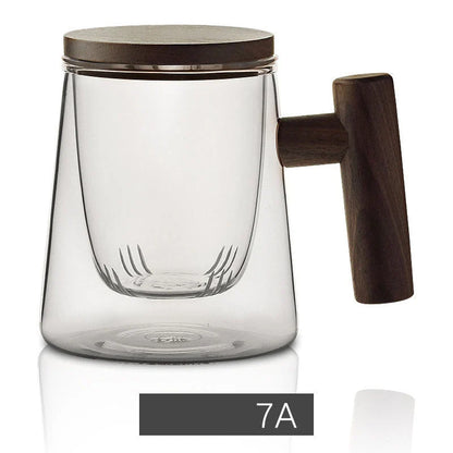 Premium borosilicate tea infuser cup with natural walnut handle, available in various sophisticated colour options