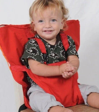 Portable baby dining chair seat with safety harness in various colors