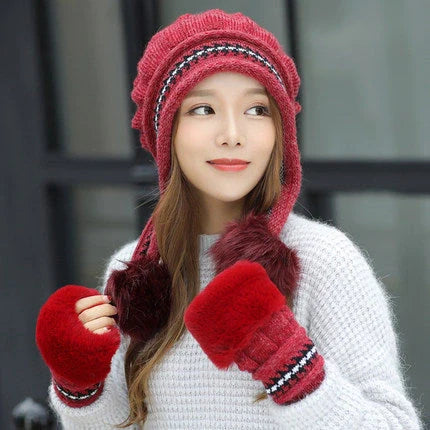 Knit fleece beanie with ear flaps and pompom in various colours for winter warmth