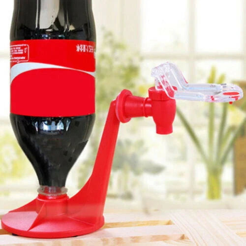 Red plastic coke bottle inverted beverage dispenser for hands-free pouring