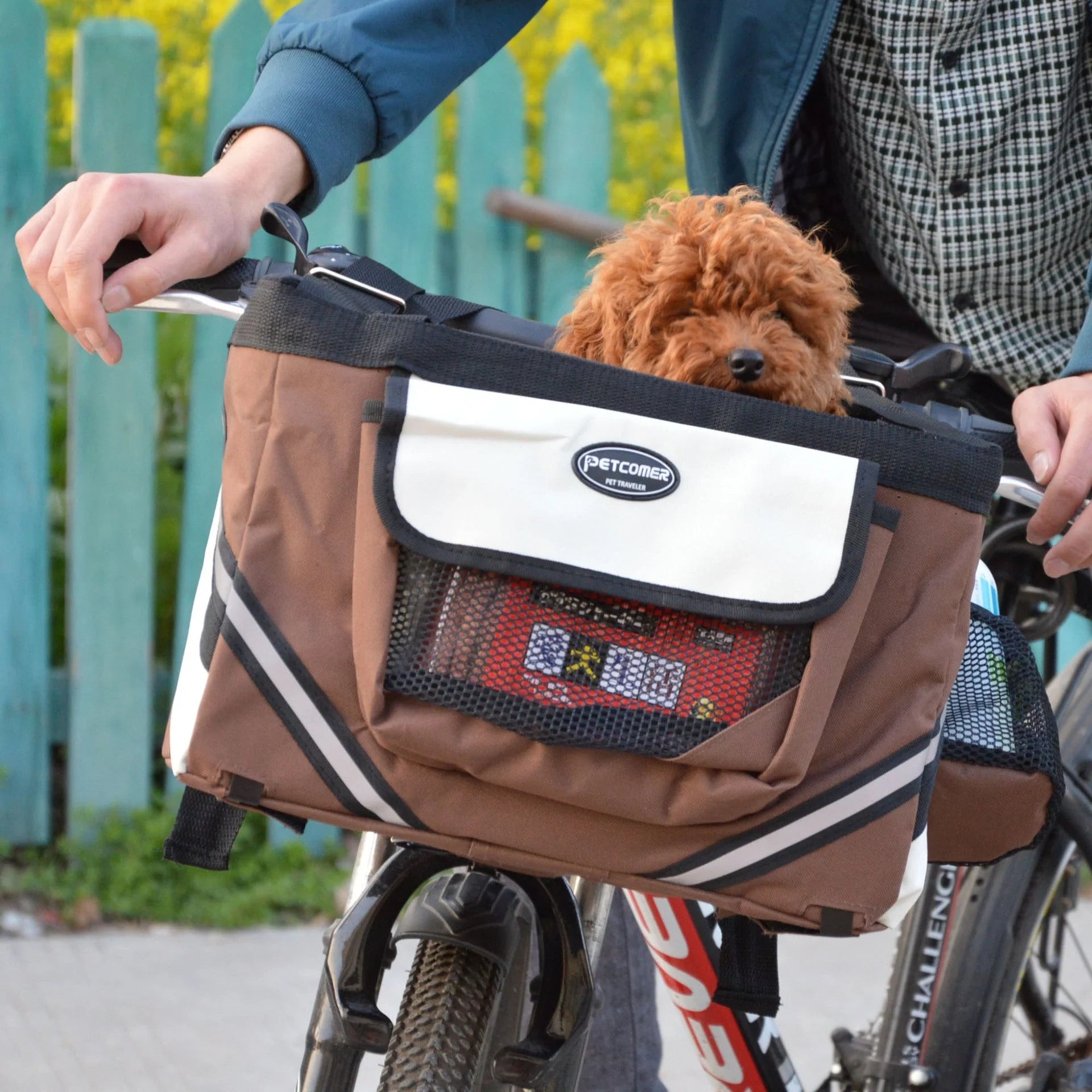 Pet bicycle carrier with removable basket for small cats and dogs, available in black, brown, blue, and red