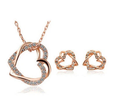 Customised double diamond heart necklace and earring set in sterling silver with genuine diamonds, crafted by Yiwu Fashion Jewelry Factory