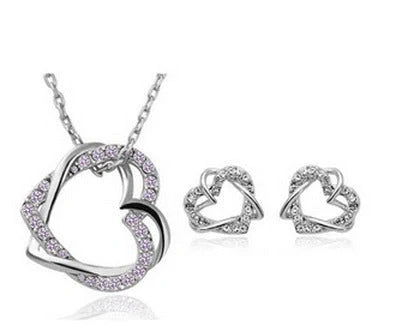Customised double diamond heart necklace and earring set in sterling silver with genuine diamonds, crafted by Yiwu Fashion Jewelry Factory