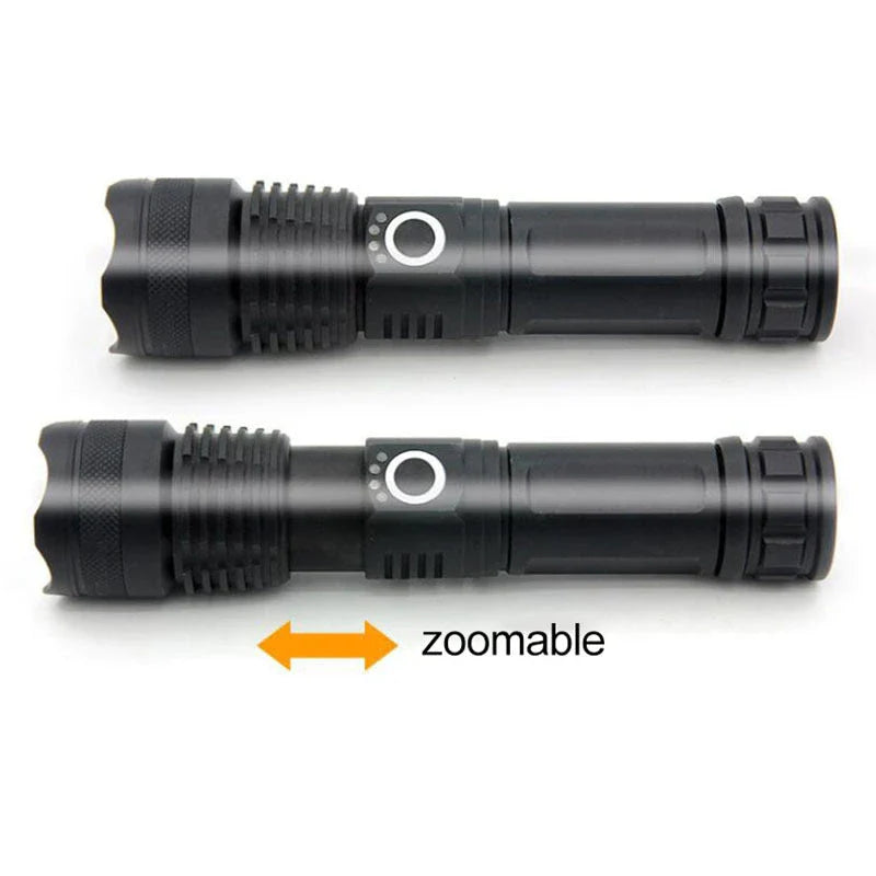 A durable, waterproof USB rechargeable flashlight with adjustable zoom and powerful LED light.