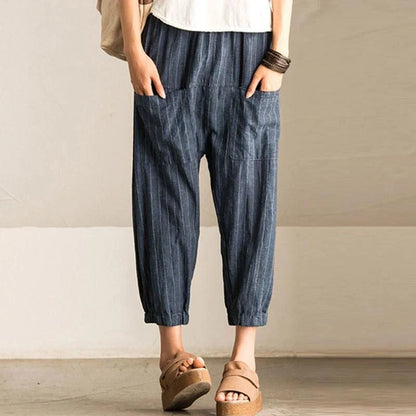 Vintage Baggy Harem Trousers for Women with High-Elastic Waist and Pockets in Striped Pattern
