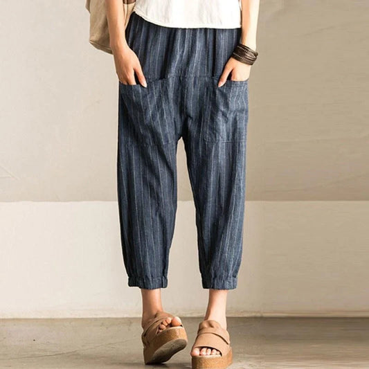 Vintage Baggy Harem Trousers for Women with High-Elastic Waist and Pockets in Striped Pattern