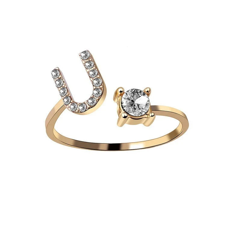 Customizable adjustable ring with 26 letters for women, featuring zircon stones and copper alloy construction