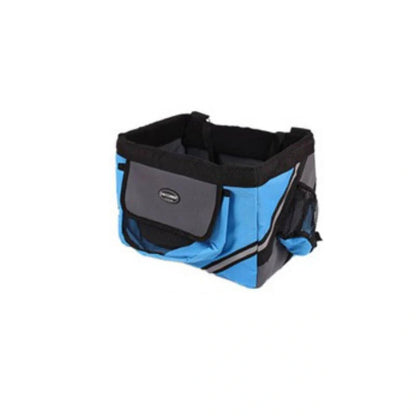 Pet bicycle carrier with removable basket for small cats and dogs, available in black, brown, blue, and red