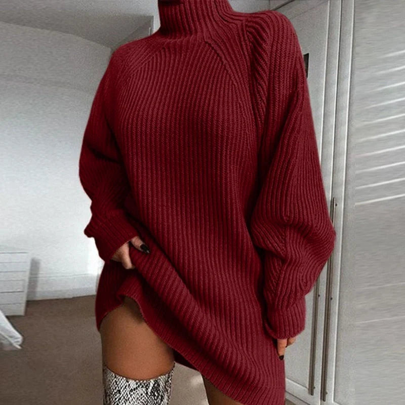 Women's winter turtleneck long sweater dress in imitation cotton, available in multiple colours