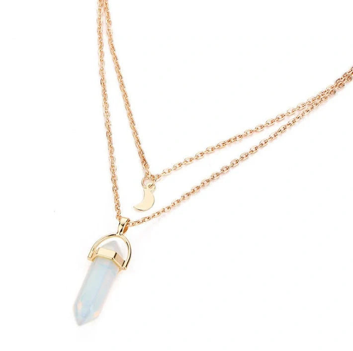 Elegant hexagonal natural stone necklace with double moon pendant in various colours