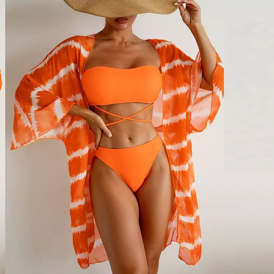 Women's orange nylon chiffon three-piece swimsuit with chest cushion