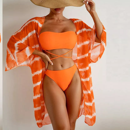 Women's orange nylon chiffon three-piece swimsuit with chest cushion