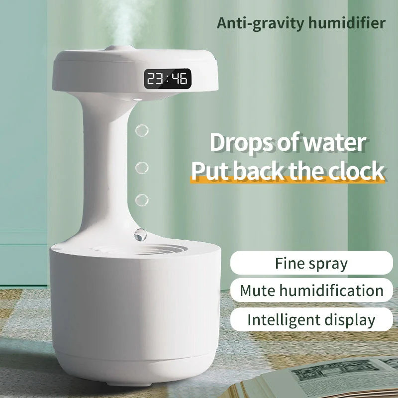 Anti-gravity humidifier with LED display and aroma diffuser in white, green, and black
