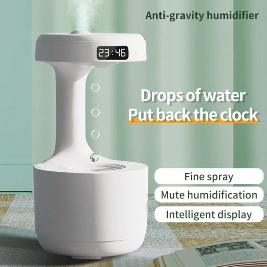 Anti-gravity humidifier with LED display and aroma diffuser in white, green, and black