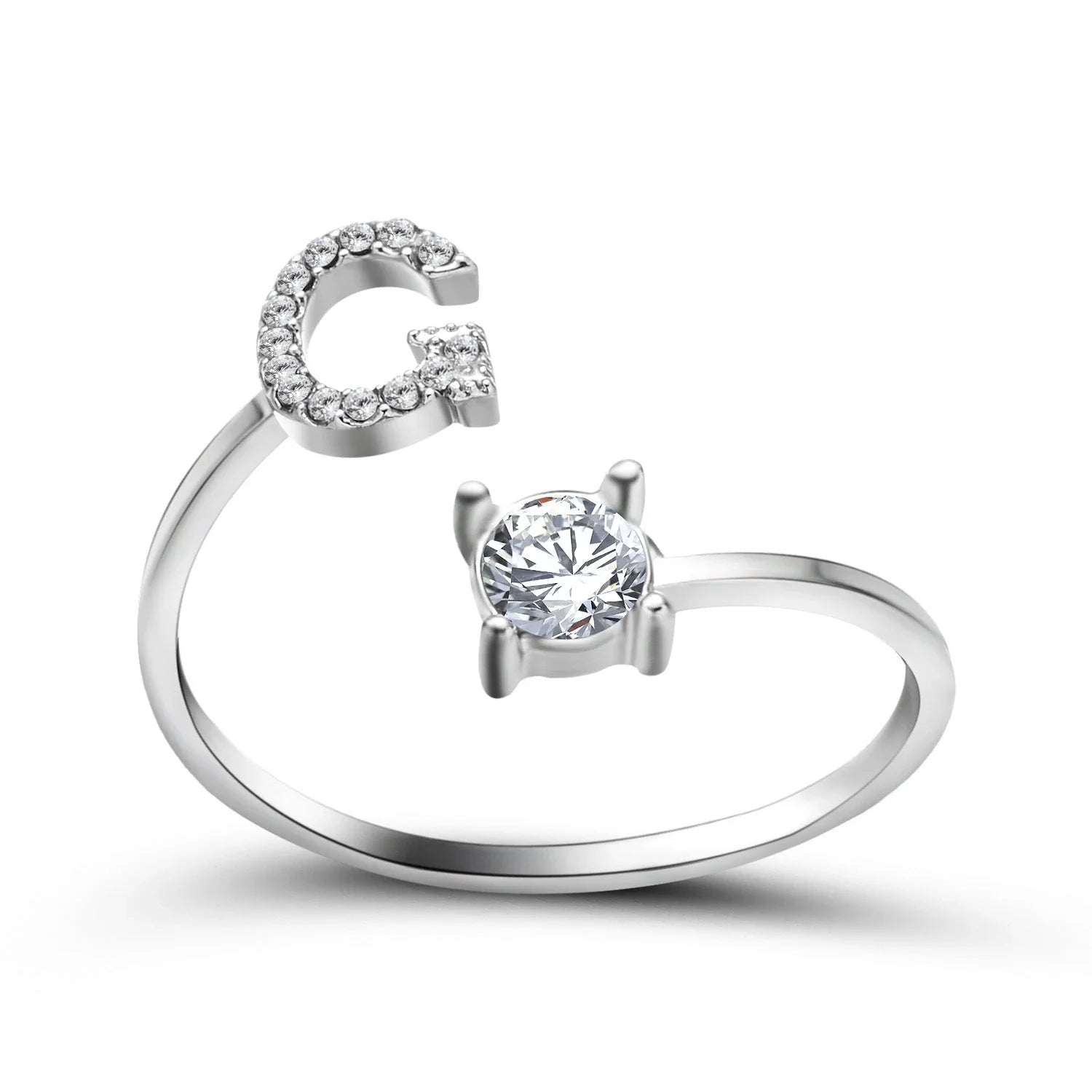Customizable adjustable ring with 26 letters for women, featuring zircon stones and copper alloy construction