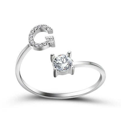 Customizable adjustable ring with 26 letters for women, featuring zircon stones and copper alloy construction