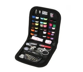 Compact home sewing kit with 98 accessories including needles, threads, scissors, and more