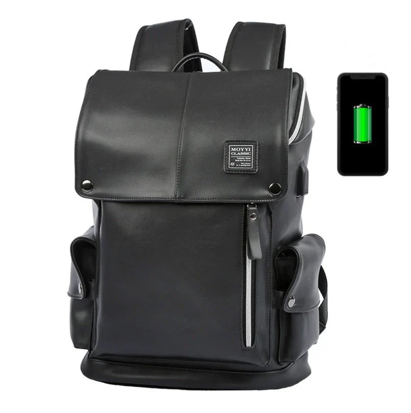 Premium PU leather backpack in black and white colours, featuring a spacious main compartment and multiple pockets for excellent organisation.
