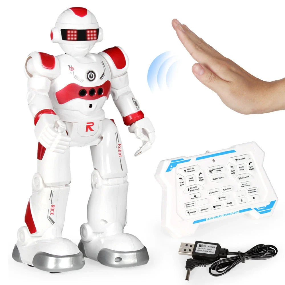 Remote-controlled dancing robot toy with gesture-sensing controls, preprogrammed songs and dances, and customizable programming capabilities
