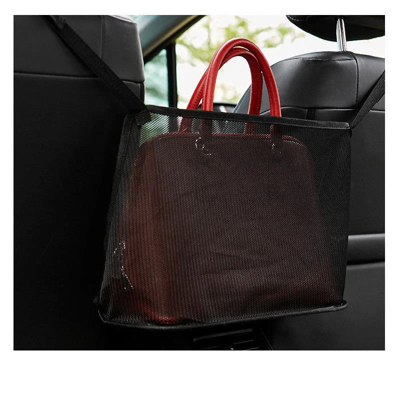 Car Net Pocket Handbag Holder in red and black, showing adjustable belt and spacious storage