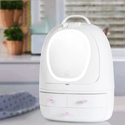 Luxury USB-powered cosmetic storage organiser with adjustable double-sided makeup mirror for a flawless beauty routine